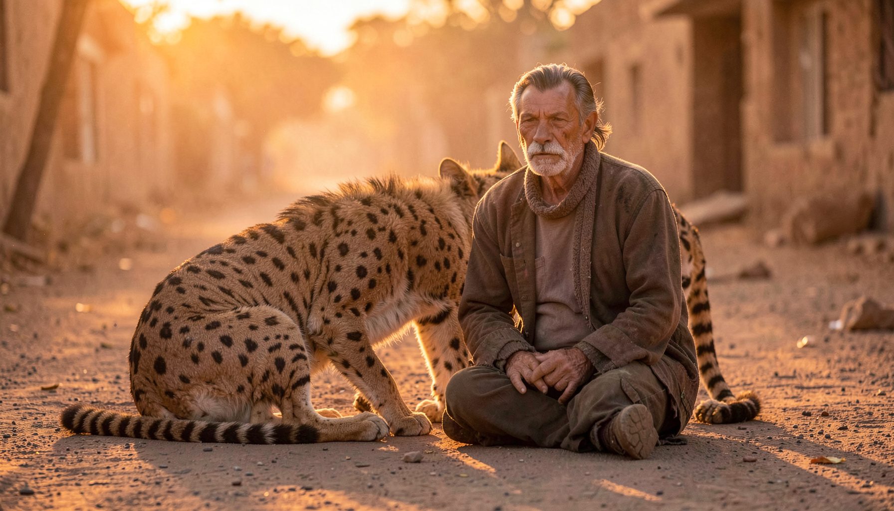 Man seated calmly beside a spotted hyena on a dusty street, warm earth tones and muted browns, late afternoon light